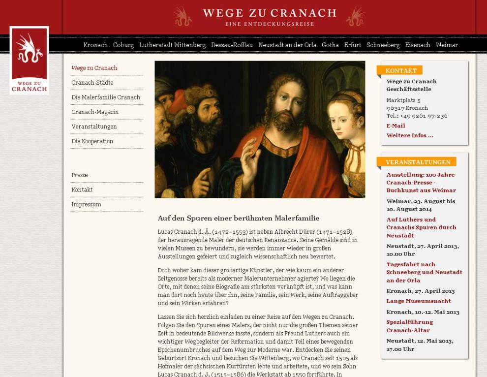 Screenshot Homepage 7. März 2013 ©Wege zu Cranach