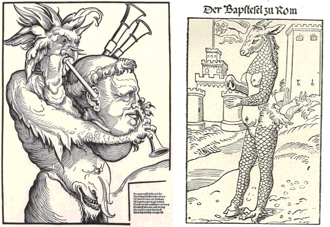 Eduard Schoen stellte Martin Luther als des Teufels Dudelsack dar (um 1535), während Lucas Cranach d.Ä. den Papst als einen Esel ansah (1523)