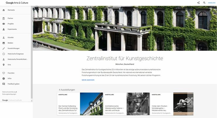 Blick auf die Seite des Zentralinstituts für Kunstgeschichte bei google Arts & Culture (Screenshot)