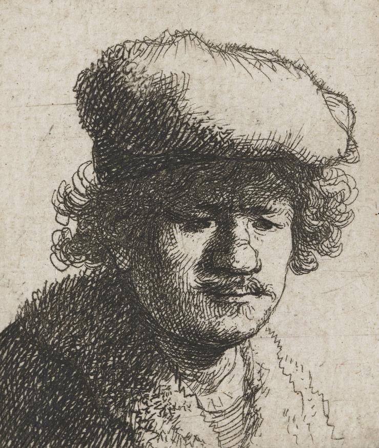 Rembrandt: Selbstporträt mit nach vor gezogener Mütze. Radierung, 1629 - 1633