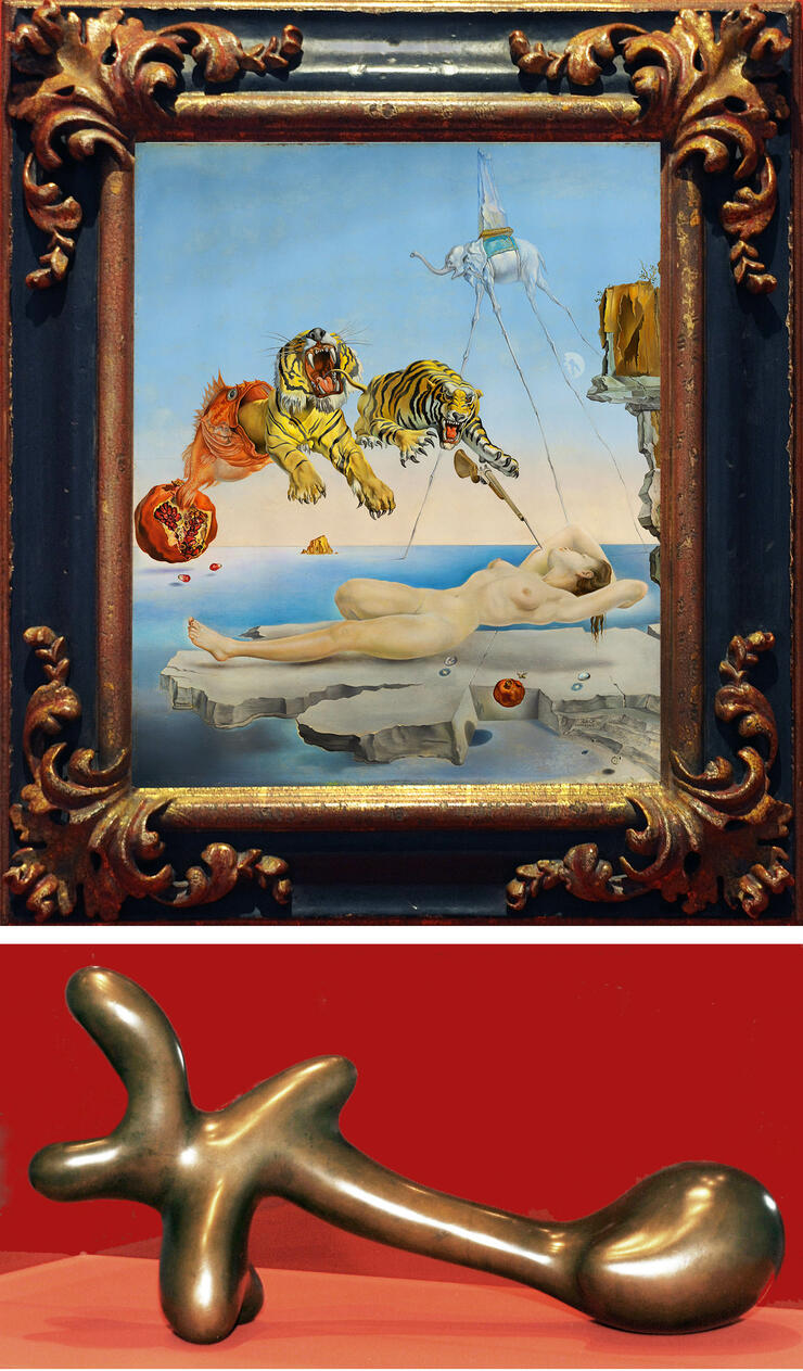 oben:Salvador Dalí, Traum, verursacht durch den Flug einer Biene um einen Granatapfel, eine Sekunde vor dem Aufwachen, 1944, Foto © Rainer K. Wick, unten: Hans Arp, Kleine Sphinx, 1942, Foto © Rainer K. Wick