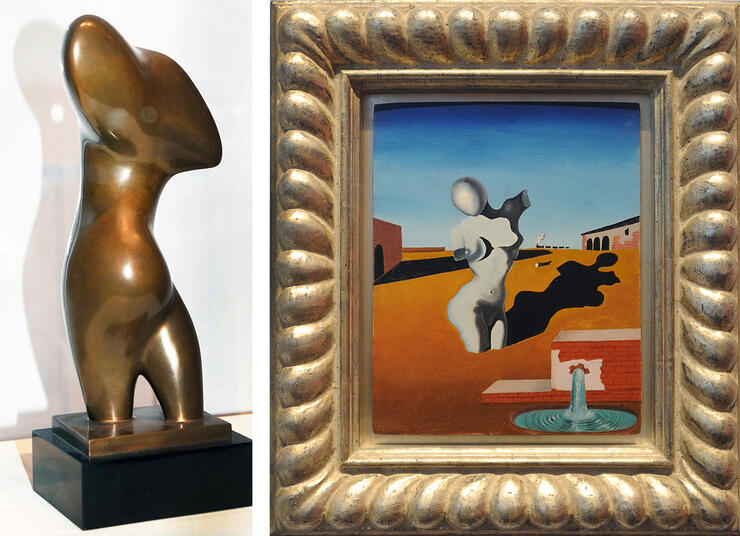 links: Hans Arp, Torso, 1930, Foto © Rainer K. Wick, rechts: Salvador Dalí, Ohne Titel (Carry–Le–Rouet), 1930, Foto © Rainer K. Wick