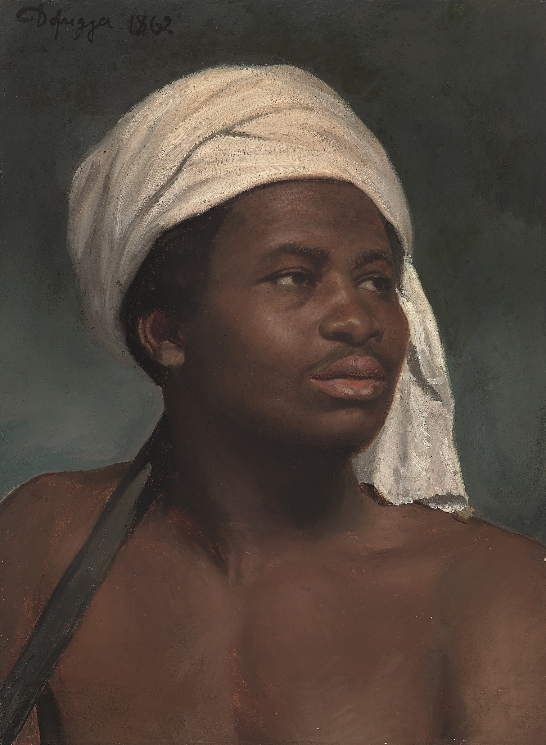 Franz von Defregger, Porträt eines Afrikaners mit weißem Kopftuch, 1862 Öl auf Papier, aufgezogen auf Karton, 53 x 39 cm, Privatbesitz © Tiroler Landesmuseen