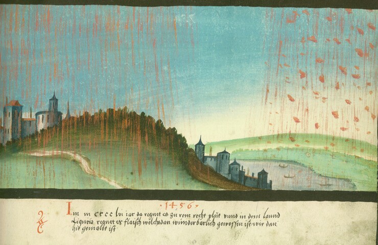 unbekannter Künstler: »Blutregen«, Ausschnitt um 1552 | Augsburger Wunderzeichenbuch © Wikimedia Commons