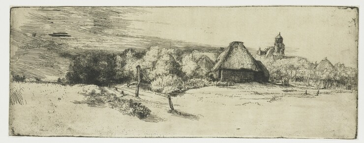 Rembrandt: Landschaft mit Bäumen, Bauernhaus und Turm (ca. 1651) © Rijksprentenkabinet / Wikimedia Commons