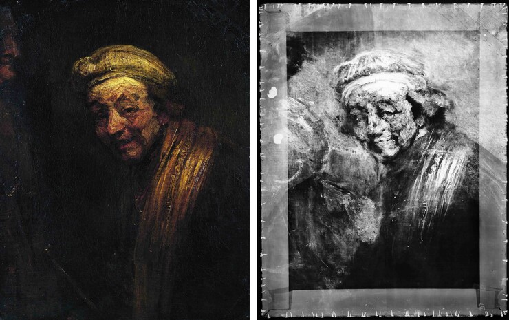 Rembrandt: Selbstbildnis, um 1662, Öl auf Leinwand, und Röntgenaufnahme, Foto © Rheinisches Bildarchiv Köln