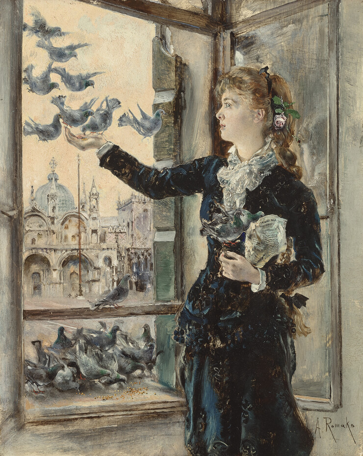 Mädchen an einem Fenster zum Markusplatz, Tauben fütternd, cover © Belvedere