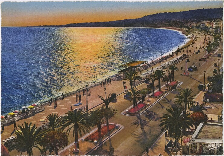 Kolorierte Ansichtskarte von der Promenade des Anglais in Nizza, aus Max Beckmanns Ansichtskartensammlung, ca. 1947 Postkarte Bayerische Staatsgemäldesammlungen, Max Beckmann Archiv, Max Beckmann Nachlässe