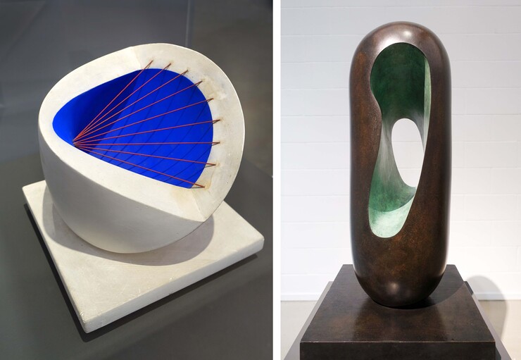 links Barbara Hepworth, Sculpture with Colour (Deep Blue and Red), 1940, rechts Barbara Hepworth, Makutu, 1969, Fotos Rainer K. Wick