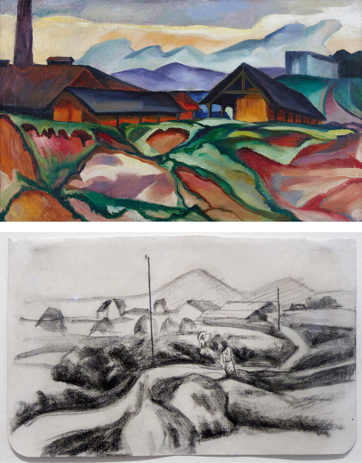 oben: Hans Thuar, Ziegelei, 1912, Foto A. Küster; unten: August Macke, Landschaft mit Fabrik, 1913, Foto Rainer K. Wick