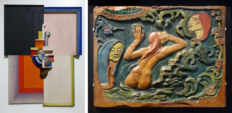 links: Oskar Schlemmer, Ornamentale Plastik auf geteiltem Rahmen, 1919-23, Foto Rainer K. Wick; rechts: Paul Gauguin, Seid geheimnisvoll (Soyez mystérieuses), 1890, Foto Rainer K. Wick