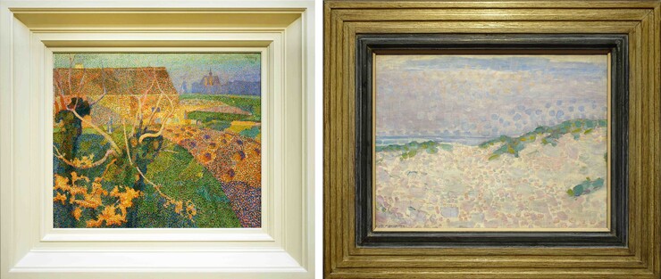 links: Jan Toorop, Die zwei Weiden (Novembersonne), 1889; rechts: Piet Mondian, Pointillistische Studie. Dünen und Meer, 1909 (Fotos Rainer K. Wick)