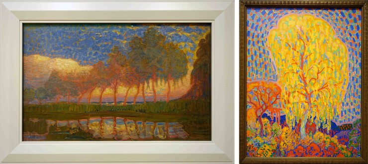 links: Piet Mondrian, Reihe von elf Pappeln in Rot, Gelb, Blau und Grün, 1908; rechts: Leo Gestel, Herbst, 1911 (Fotos Rainer K. Wick) 
