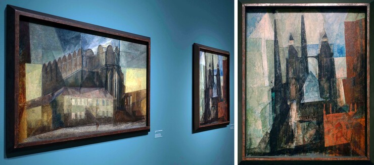 links: Ausstellungsansicht mit „Dom in Halle“, 1931; rechts: Marienkirche mit Pfeil, 1930, Fotos Rainer K. Wick