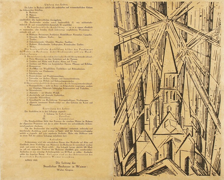 Manifest des Staatlichen Bauhaus Weimar mit Feiningers Holzschnitt „Kathedrale“, 1919, Foto Rainer K. Wick